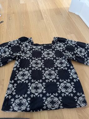 Ann Taylor Black Embroidered Square-Neck Peasant Blouse